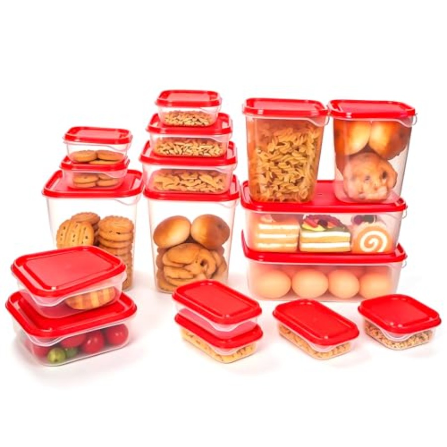 Food Storage Kits - 17-teiliges Kunststoff-Lebensmittelaufbewahrungsset, Rote Belüftete Deckel BPA-frei,
