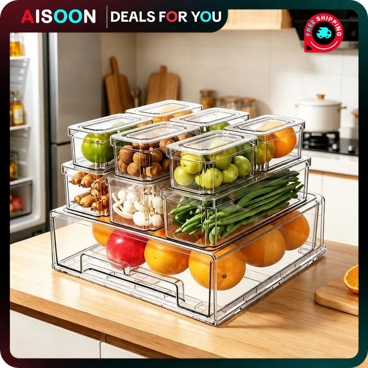 Food Storage Without Plastic - 10/14-teiliges Kühlschrank-Organizer-Set mit Deckeln, ausziehbare Schubladen,