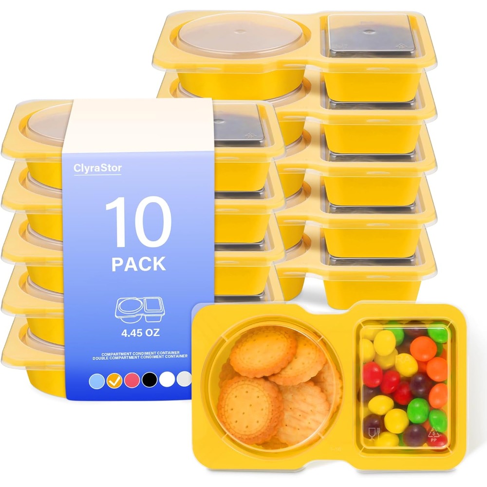 Food Storage Yellow - 2-Fach Einweg-Plastik-Snackbehälter mit Deckeln, 10er-Pack Gelbe