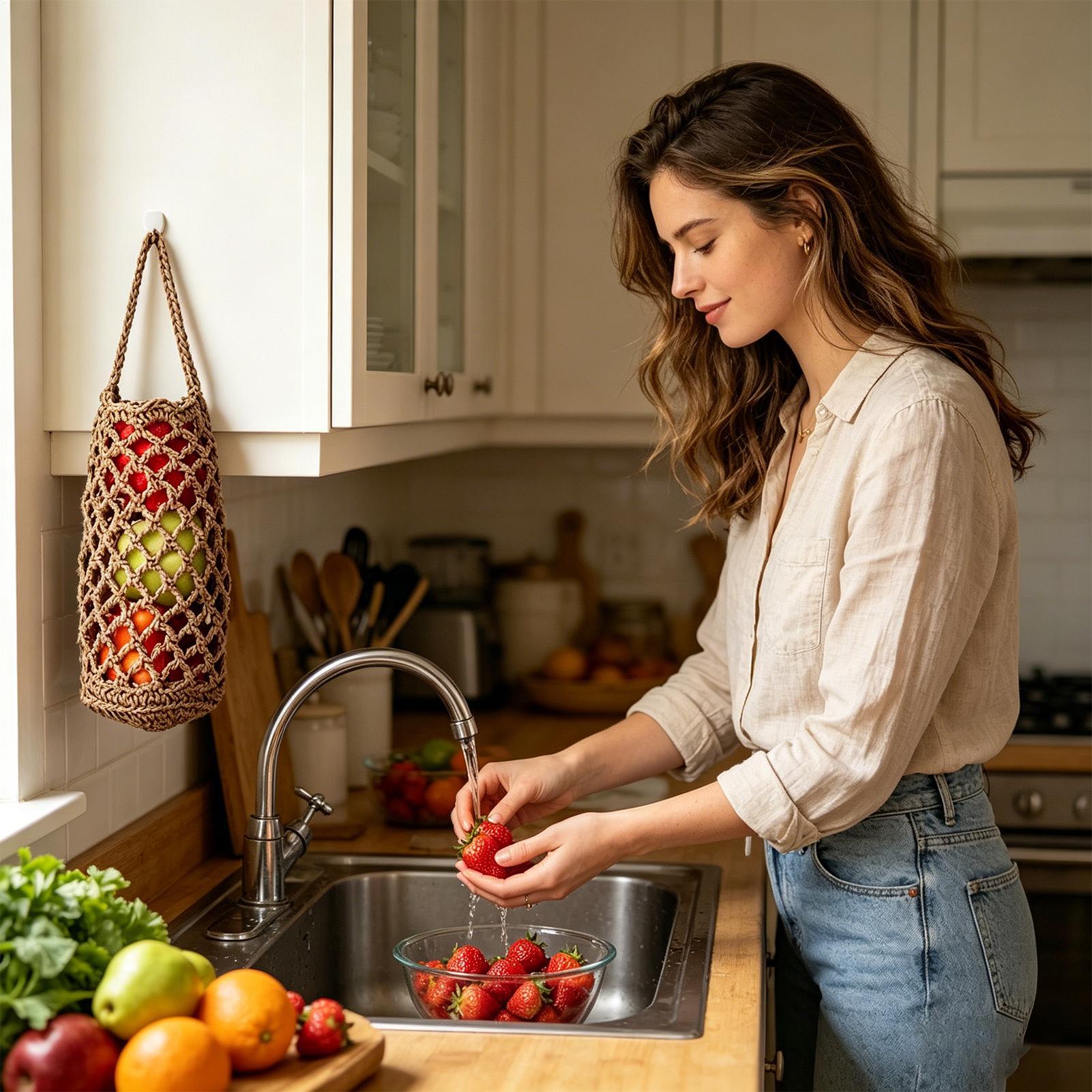 Produce Bag Reusable Mesh - Boho handgewebte Gemüse-Aufbewahrungstasche, wiederverwendbarer Baumwoll-Netzbeutel, Wandbeutel